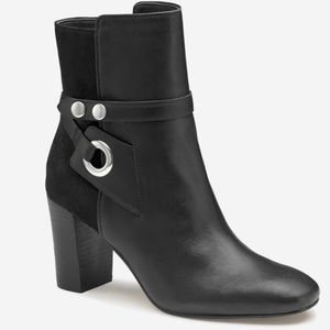 Johnson and Murphy black glove leather/ suede, block heel boots.